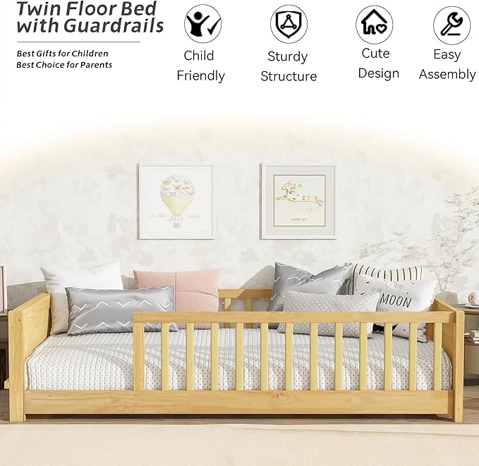 Twin Toddler Floor Bed with High Rails, Wooden Montessori Bed Frame with Built-in Book Rack, Twin Size Bed Frame for Kids, Boys and Girls, Natural