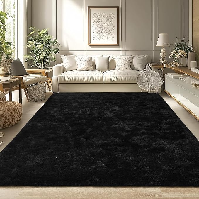 Merelax Soft Area Rug for Livingroom Bedroom, Machine Washable 5x8 Black Rugs Fluffy Shaggy Bedside Rug, Non Slip Indoor Carpet for Nursery Dorm Room Home Decor Aesthetic