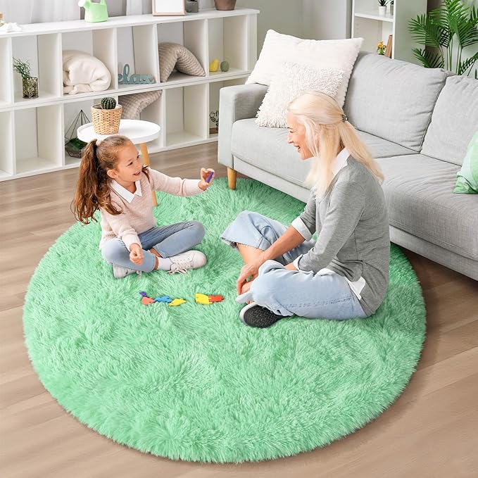 EVOIONOS Sage Green Round Rug for Bedroom, 4x4 Ft Fluffy Soft Circle Area Rugs for Living Room, Plush Shaggy Circular Carpet Indoor Floor Bedside Kids Nursery, Machine-Washable Home Decor Aesthetic
