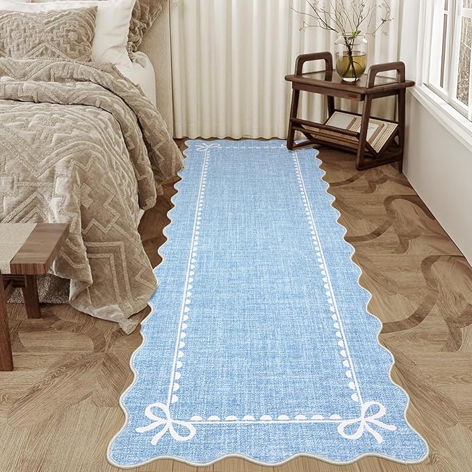 GarveeHome Scalloped Bow Rug for Living Room, Solid Blue Rug for Dorm, Washable Runner Rugs 2x6 Soft Low Pile Non Slip Scalloped Rugs for Nursery Bedroom Decor Hallway Entryway Playroom