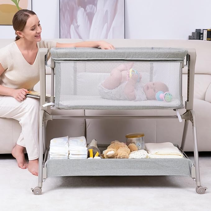 Ezebaby Baby Bassinet Bedside Crib, 3-in-1 Rocking Bassinets Bedside Sleeper with Comfy Mattress and Wheels, 6-Height Adjustable, Stable and Secure Crib for Newborn Infant