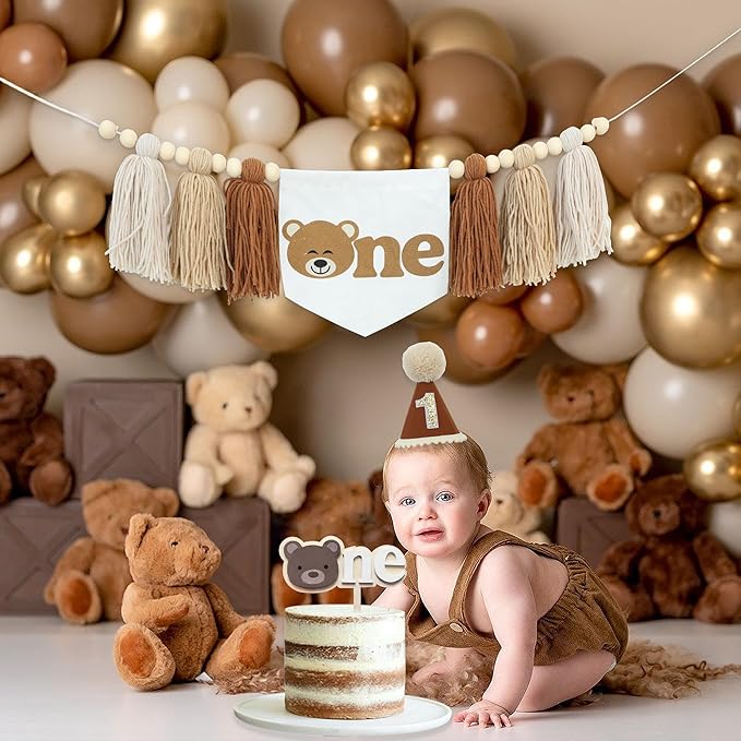 Bear Theme First One High Chair Banner For 1st Birthday Party Decorations With One Cake Topper