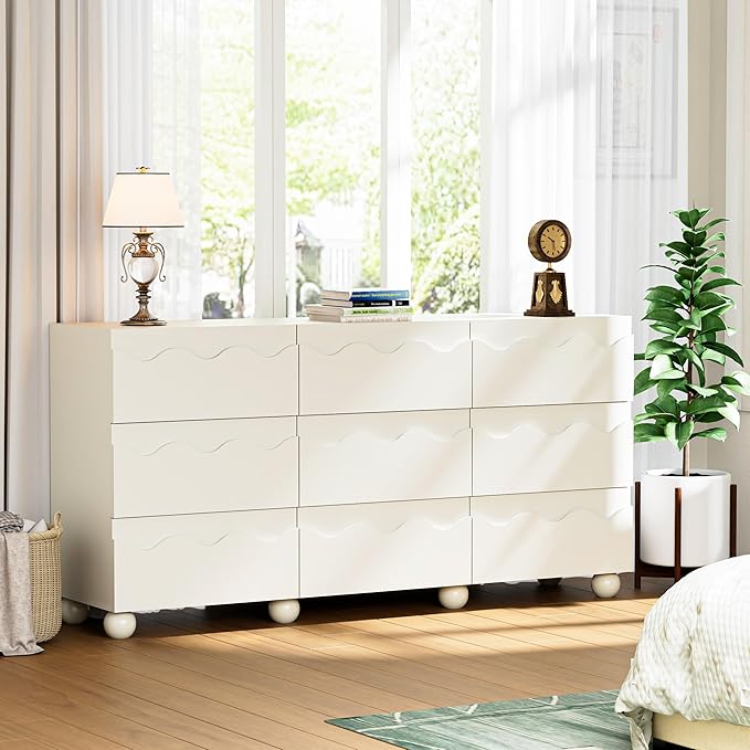 Anbuy Begie Scalloped Dresser for Bedroom with 9 Drawers, 63" Wide Modern Chest of Drawers with Hidden Handle, Wooden Dresser, Fluted Wood Closet Clothes Storage Organizer for Living Room, Hallway