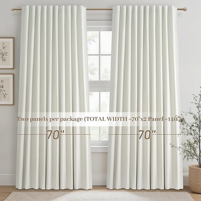 Cute Blackout Curtains 70 Inches Extra Wide Linen 96 Inch Length for Living Room/Sliding Glass Door,Pleated Heavy Duty Thermal Drapes for Winter Thick Large Window(70"Wx96"L 2 Panels Beige White)