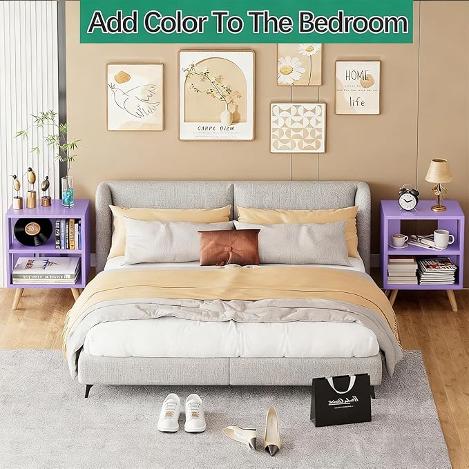 Night Stand, Purple Kids Nightstand, Modern End Table with Open Storage, 2-Tier Nursery Bedside Table for Small Space, Living Room, Bedroom