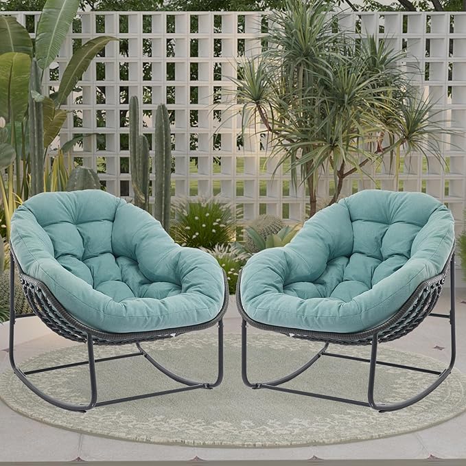 Oversized Outdoor Papasan Rocking Chair Set of 2 with Soft Cushion, Comfy Patio Egg Chair, Wicker Lounge Rocker for Balcony/Porch/Garden, Reinforced All Weather Rattan Frame, Mint Green