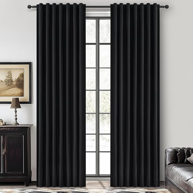 Black Curtains for Bedroom 90 Inch Long 2 Panels Set, Black Out Elegant Curtains for Living Room Windows 48 to 84 Wide Thick Sound Dampening Thermal Pleated Drapes Back Tab (W50 x L90)