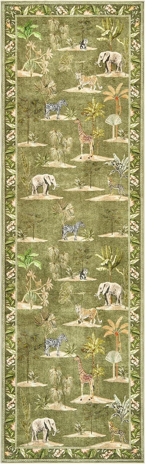 jinchan 3x10 Runner Rug Green Jungle Animals Print, Modern Hallway Washable Runner Rug Kitchen Ultra-Thin Low-Pile Non-Slip Soft Botanical Accent Christmas Carpet for Living Room (3'x10', Green)