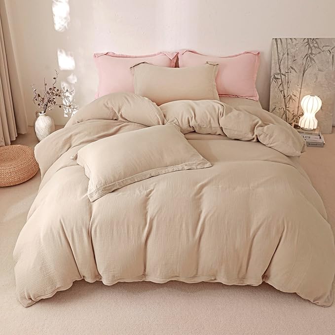 MorroMorn Muslin Duvet Cover King Size, 100% Cotton Comforter Cover Set Ultra Soft, 3 PCS 2-Layer Gauze Duvet Cover with 2 Pillowcases, Breathable Lightweight Linen Like, 90"x104", Linen Beige