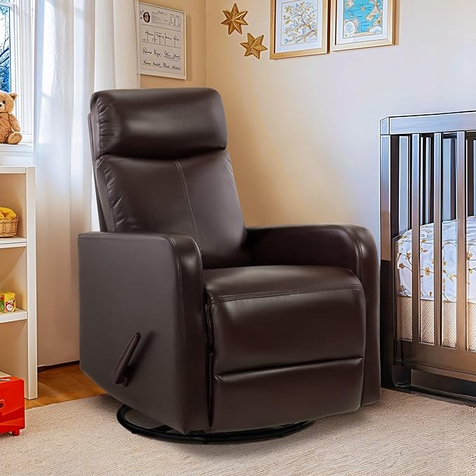 Swivel Rocking Recliner Chair for Small Space, Manual Swivel Glider Recliner for Nursery,RV,Rocking Recliner with Footrest and Side Pocket,Breathable Leather,Dark Brown