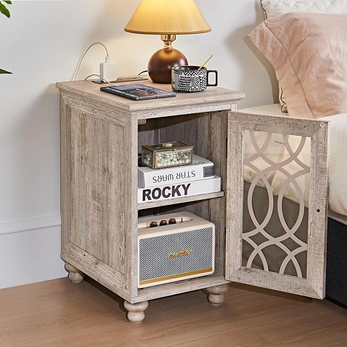 Narrow Side Table with Charging Station, Night Stand with Glass Door, Bedside End Tables with Adjustable Shelf Storage Cabinet,Wood Nightstand for Small Spaces Living Room Bedroom