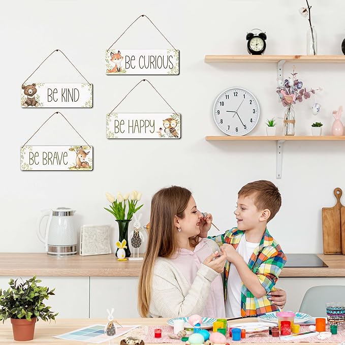 Woodland Nursery Decor, Jungle Safari Animals Boysroom Wall Sign Art, Be Kind Brave Curious Happy Decorations for Kids Boys, 4 Pieces Wood Sign, 3.9x11.8 In-A03