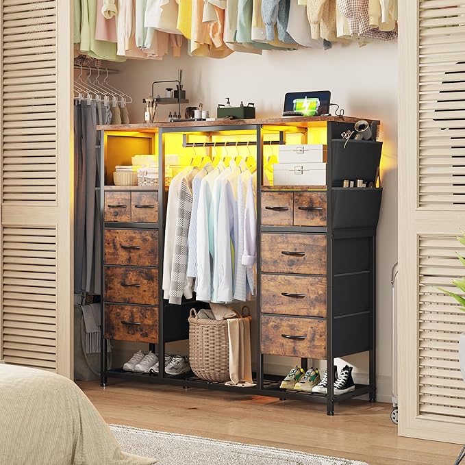 51.2" H Dresser with Hanging Rack, 10 Drawers Dresser for Bedroom, Fabric Chest of Drawers with LED Lights & Charging Station, Wooden Top & Sturdy Frame, Brown