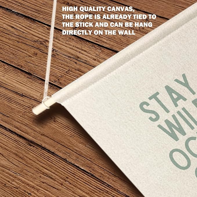 Qpenm Ocean Nursery Decor, Stay Wild Ocean Child Wall Hanging Canvas Banner, Coastal Nautical Surfing Hanging Pennant Flag Posters Prints for Kids Room Nursery Classroom Playroom Decor
