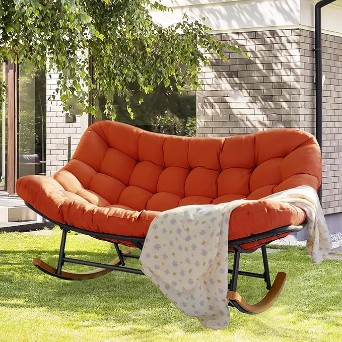 Double Papasan Rocking Chair Outdoor & Indoor, Oversized Rocking Reclining Loveseat with Thick Cushion and Frame, 660LBS Capacity Rocking Egg Chair for Patio Porch Living Room, Red
