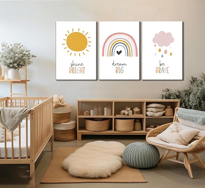 3 Pcs Boho Nursery Canvas Wall Art Dream Big Be Brave Shine Bright Bohemia Sun Rainbow Pictures Kids Wall Decor Poster Print Artwork for Boys Girls Bedroom Children Room Home Decoration