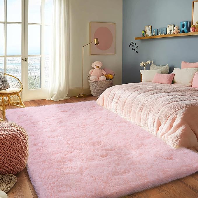 Pink Rug for Living Room, 8x10 Area Rug for Cute Girls Room, Bedside Indoor Floor Fluffy Shag Carpet, Plush Soft Rug for Bedroom Nursery Dorm Home Decor