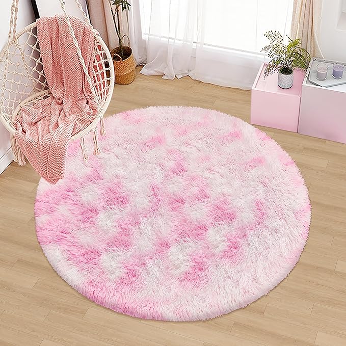 4x4 ft Pink Fluffy Round Rug for Girls Bedroom,Colorful Soft Shaggy Circular Area Rug Kids Cute Fuzzy Carpet Furry for LivingRoom Nursery Dorm Playroom Room Unicorn Decor Reading Nook Mat