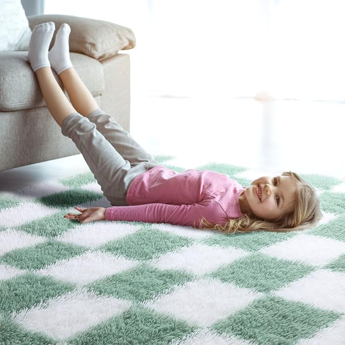 KICMOR Fluffy Sage Green and White Rugs Living Room Carpet, 5x7 Large Fuzzy Checkered Shag Area Rug for Bedroom Aesthetic, Furry Soft Plush Shaggy Rug for Nursery Kids Girls Boys Room Home Decor