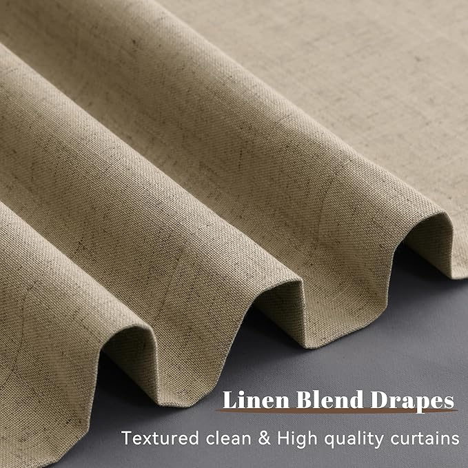 Guken Khaki Linen Blackout Curtains for Living Room 102 Inches Long Natural Linen Room Darkening Black Out Thermal Insulated Soundproof Back Tab Hook Belt Bedroom Patio Door Farmhouse Drapes 52x102