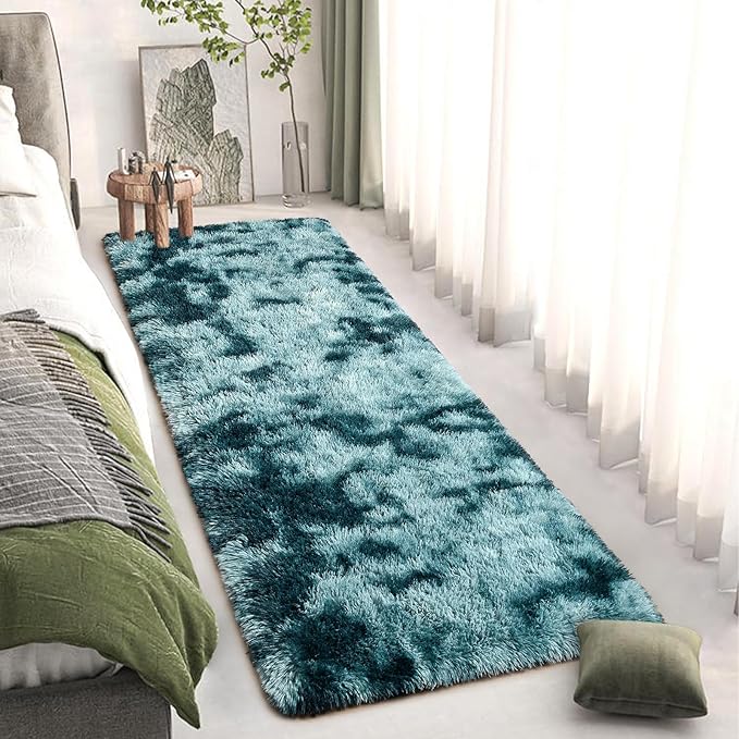DweIke Fluffy Peacock Blue Runner Rugs for Bedroom, 2x6 Feet Soft Plush Long Runners for Girls Boys Kids, Non-Slip and Machine Washable Bedside Rug, Small Throw Carpet for Hallway Rooms Decor