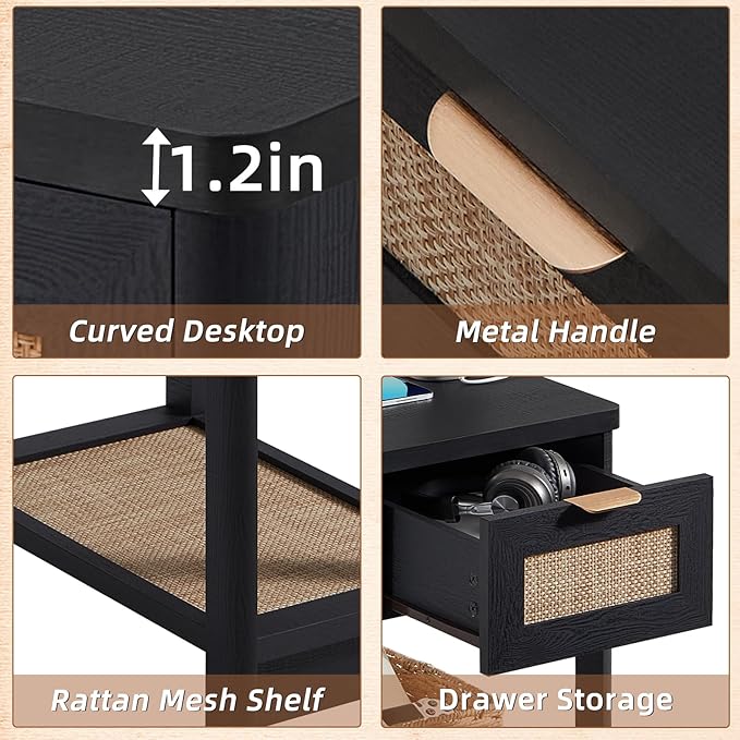 Lerliuo Narrow Night Stand with Charging Station, Boho Nightstand with Drawer, Bed Side End Table with Rattan Shelf for Small Spaces, Wood Nightstands Bedside Tables for Living Room Bedroom