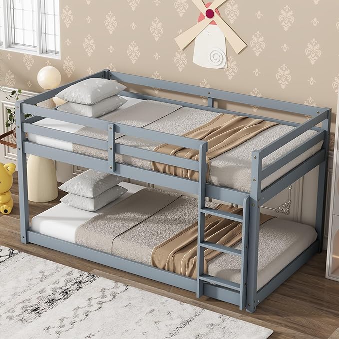 Bunk Bed Twin Over Twin, Wood Low Profile Floor Twin Bunk Beds with Ladder Guardrails for Kids Boys and Girls, No Box Spring Needed