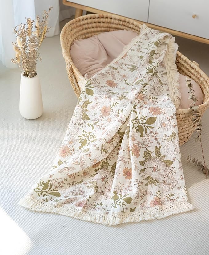 Little Jump Cotton Muslin Swaddle Blankets with Tassel, Boho Bohimia Muslin Baby Blanket Neutral with Fringe, Vintage Teddy Bear Nursery Decor Muslin Throw Blanket 47" x40" (Vintage Blossom)