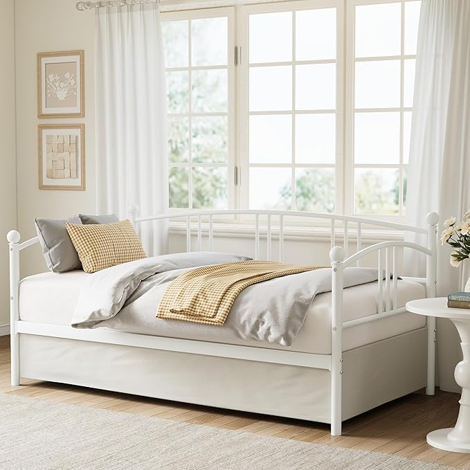 GarveeHome Twin Daybed, Sturdy Metal Day Bed with Steel Slat Support, Arched Headboard Sofa Bed for Living Room, Bedroom and Guest Room, White