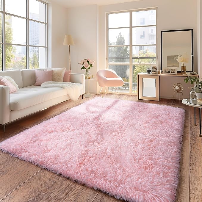 Pink Rug for Girls Bedroom, 4x6 Area Rug for Cute Girls Room, Bedside Indoor Floor Fluffy Shag Carpet, Plush Soft Rug for Living Room Nursery Dorm Home Decor