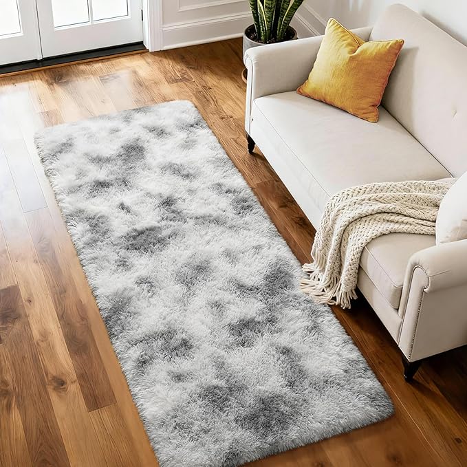 Merelax Soft 2x6 Abstract Runner Rugs for Bedroom Living Room, Tie-Dyed White Grey Plush Fluffy Rug, Shag Furry Area Rug Carpet Non-Slip for Nursery Children Kids Girls Room Home Decor Aesthetic