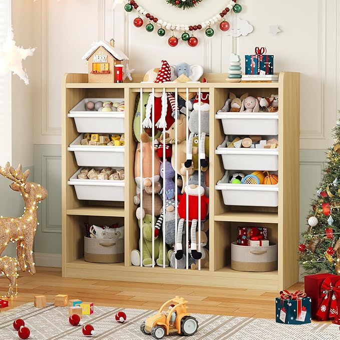 ONBRILL Toy Storage Organizer with 6 Removable Plastic Bins, Toddler Stuffed Animal Storage, Toy Box Cabinet with 2 Open Cubbies, Book Shelf for Kids Room Playroom Bedroom Nursery (Maple Wood)