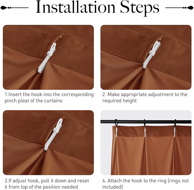 StangH Pinch Pleated Burnt Orange Velvet Curtains with Hooks, Light Reducing Modern Bedroom Drapes Back Tab Festive Decorative Panels for Closet Dining Room, W38 x L90, 2 Panels
