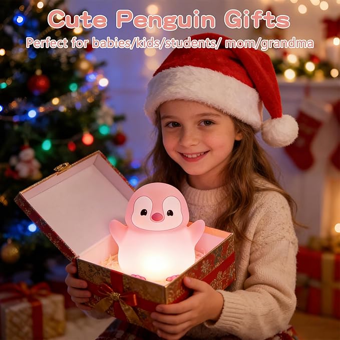 Pink Penguin Night Light,Soft Silicone Nursery Nightlight for Baby,LED Squishy Novelty Animal Bedside Lamp,Rechargeable/Dimmable/Timer,Room Decor, Cute Xmas Gifts for Kids/Girls/ Mom/ Grandma/ Teens