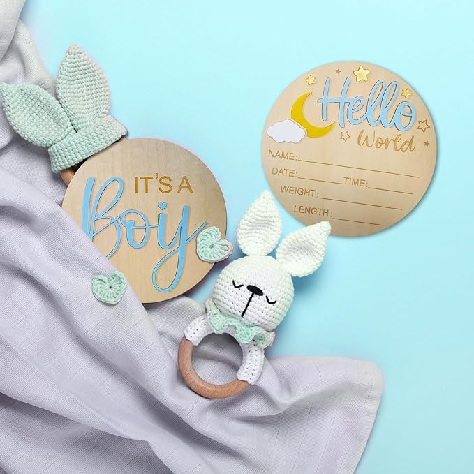 2Pcs Baby Announcement Sign Set, 5.9 Inch Hello World Newborn Sign and IT’S A Boy Welcome Signs, Baby Name Sign with Ink Pad for Hand & Footprints, 3D Wooden Birth Gifts for Hospital Shower Nursery