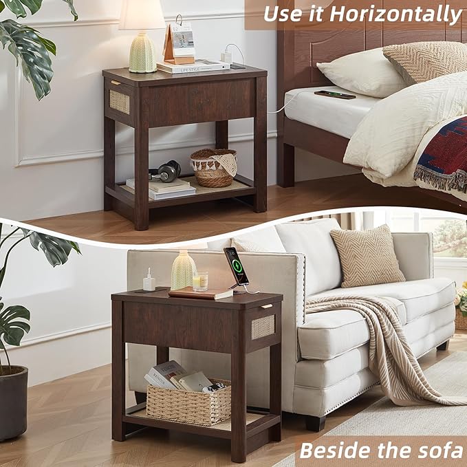 Lerliuo Narrow Night Stand with Charging Station, Boho Nightstand with Drawer, Bed Side End Table with Rattan Shelf for Small Spaces, Wood Nightstands Bedside Tables for Living Room Bedroom