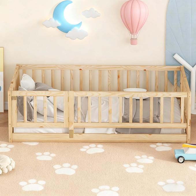 Twin Size Montessori Floor Bed with Rails & Door - 77" x 41.5"x 21.5" Wooden Low Profile Toddler Bed Frame, Natural Oak Finish