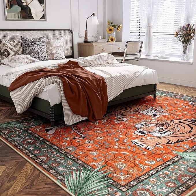 Moynesa Tiger Washable Rugs, 8x10 Area Rugs for Living Room, Soft Large Vintage 8x10 Bedroom Rug, Botanical Non Slip Ultra Thin Floor Carpet for Dining Room Home Office, Rust