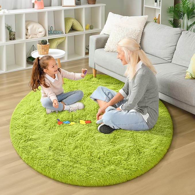 EVOIONOS Green Grass Round Rug for Bedroom, 4x4 Ft Fluffy Soft Circle Area Rugs for Living Room, Plush Shaggy Circular Carpet for Indoor Floor Bedside Girls, Machine-Washable Home Decor Aesthetic
