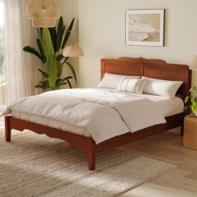 Queen Bed Frame with Headboard, Wooden Platform Bed with Wood Slats Support, Modern Bed Frame with Storage&Charging Station, No Box Spring Needed, Easy Assembly, Noise Free, Brown