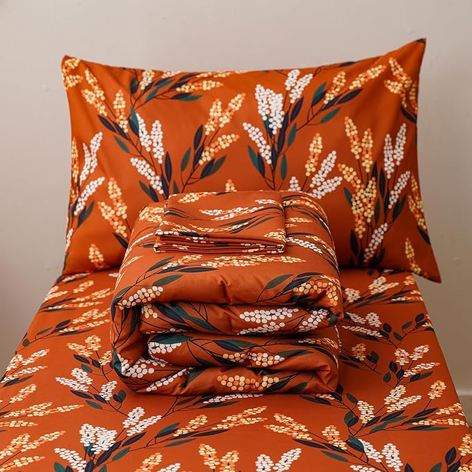 KAREVER Botanical Toddler Bedding Set Flower Print 4 Pieces Crib Bed Set Kids Burnt Orange Floral Comforter Set