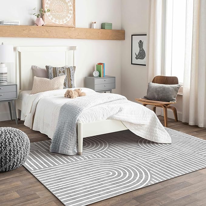 Washable Area Rug 5x7 - Boho Living Room Rug Soft Bedroom Rug Ultra-Thin Grey Modern Abstract Rainbow Dining Room Rugs Indoor Carpet for Living Room Nursery Room