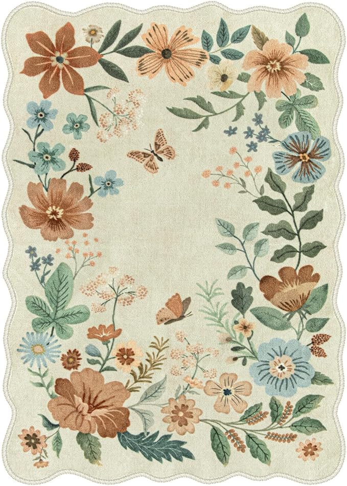 Lahome Floral Living Room Rug, 5x7 Rugs for Bedroom Ultra-Thin Soft Washable Dining Room Rug, Non Slip Stain Resistant Boho Low-Pile Throw Carpet for Office (5x7ft,Beige)