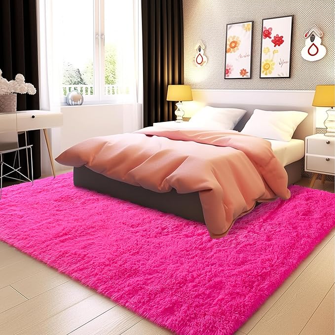 Fluffy Rug Stain Resistant 3x5 Feet, Hot Pink Cute Rugs for Bedroom Aesthetic, Modern Plush Area Rugs for Bedroom