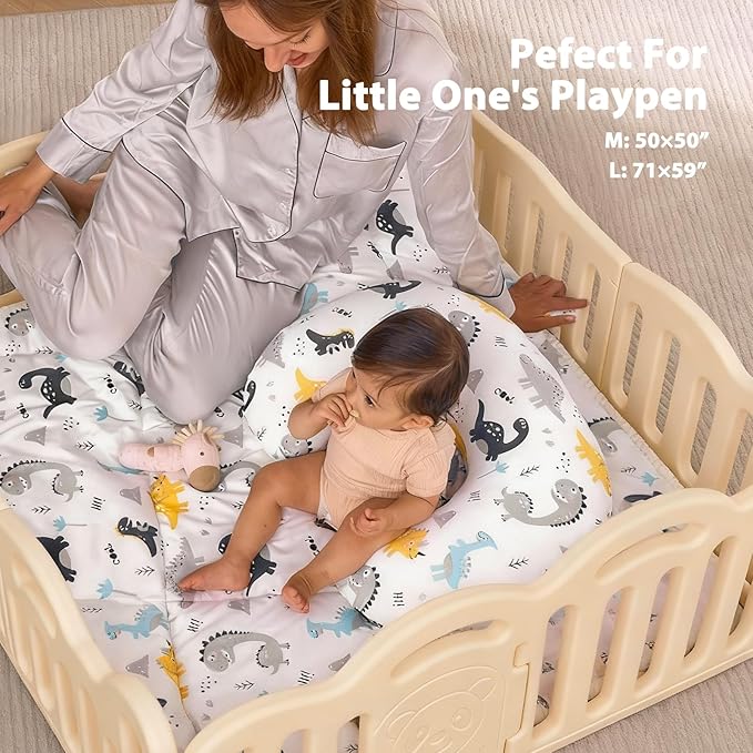 Little Grape Land Baby Mat for Floor 50x50 Soft Padded Playpen for Crawling, Tummy Time & Play, Non-Slip, Machine Washable Dinosaur mat for Infants & Toddlers, Foldable Outdoor Mat with Handle