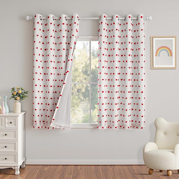 MYSKY HOME Blackout Curtains for Girls Bedroom 63 Inch Long Red Pom Pom Curtains for Kids Room 2 Panels 100% Room Darkening Kitchen Window Treatment 2 Layered Drapes Toddler Grommet 52W x 63L