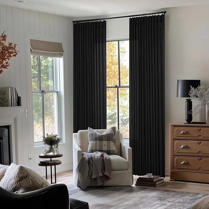 Black Linen Curtains Pinch Pleated 84 Inches Long for Living Room Bedroom Pleat with Rings Back Tab Semi Sheer Curtains 84 Inch Length 2 Panels Set Light Filtering Farmhouse Rustic Drapes