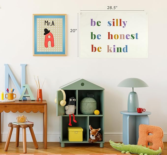Boho Rectangular Banner Flag Sign Wall Art Decor Gift for Baby Boy Girl Kids,Nursery Classroom Homeschool Playroom Door-Be Silly Be Honest Be Kind Print-Baby Present Shower,Birthday Christmas Gift