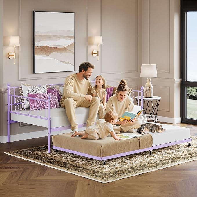 Daybed with Trundle, Trundle Bed Twin with Heart-shaped Headboard for Kids, Sturdy Metal Day Bed with Steel Slat Support, Twin Daybed for Living Room, Bedroom and Guest Room, Easy Assembly, Purple