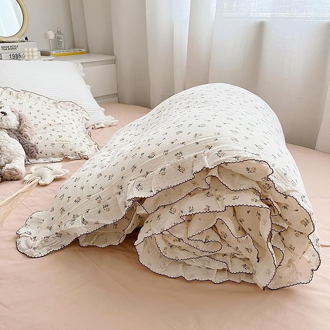 AOJIM Muslin Baby Kids Duvet Cover with Ruffled Edges for Boys Girls, 1 Piece Pure Cotton Toddler Comforter Cover 59X79'', Rose Pattern Kids Bedding 2-Layer Gauze, No Quilt or Pillowcases